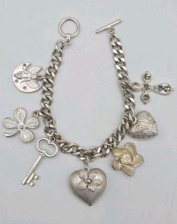 Vintage Silver Tone Chunky Charm Bracelet Heart Key Clover 8″ Cross Love Luck