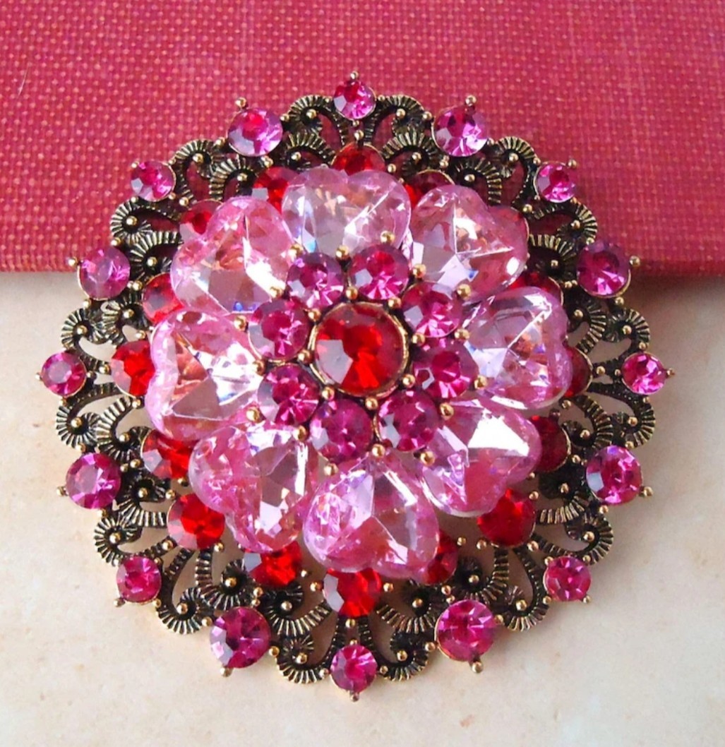 BIG PINK ROSE RHINESTONE ART DECO FLOWER BROOCH PIN~MOTHER’S DAY~BIRTHDAY GIFT