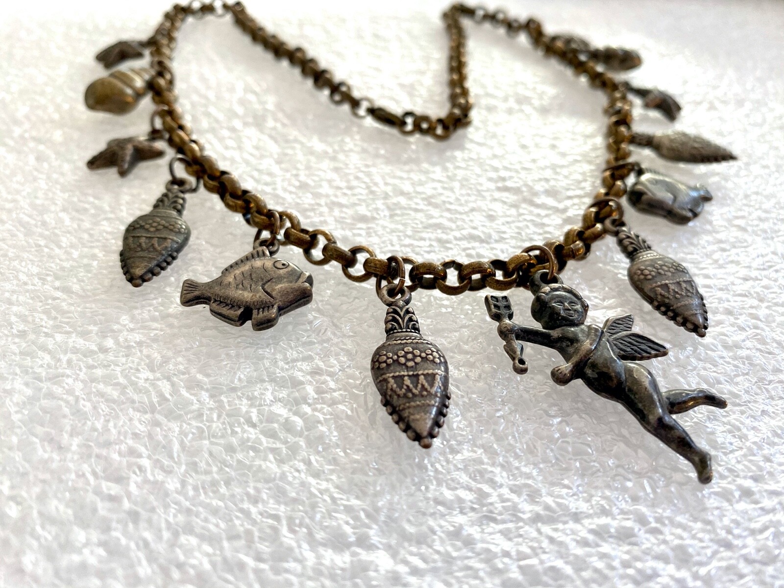 Vintage1960’s boho gipsy charms necklace – sea creatures & Cupid
