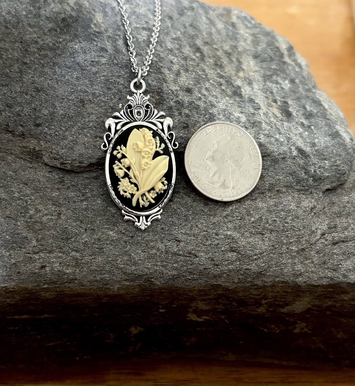 Lily of the Valley Cameo Necklace Cream/Black, Victorian Vintage Style Pendant