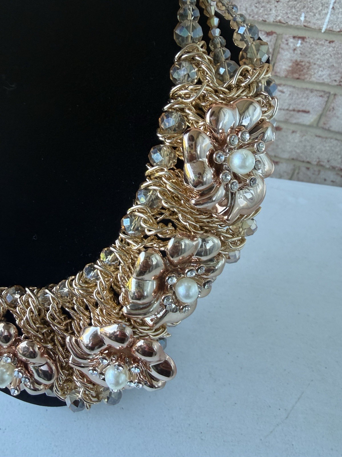 Vintage Gold Tone Statement Bib Necklace Crystal Bead Pearl Flower Chain 18”
