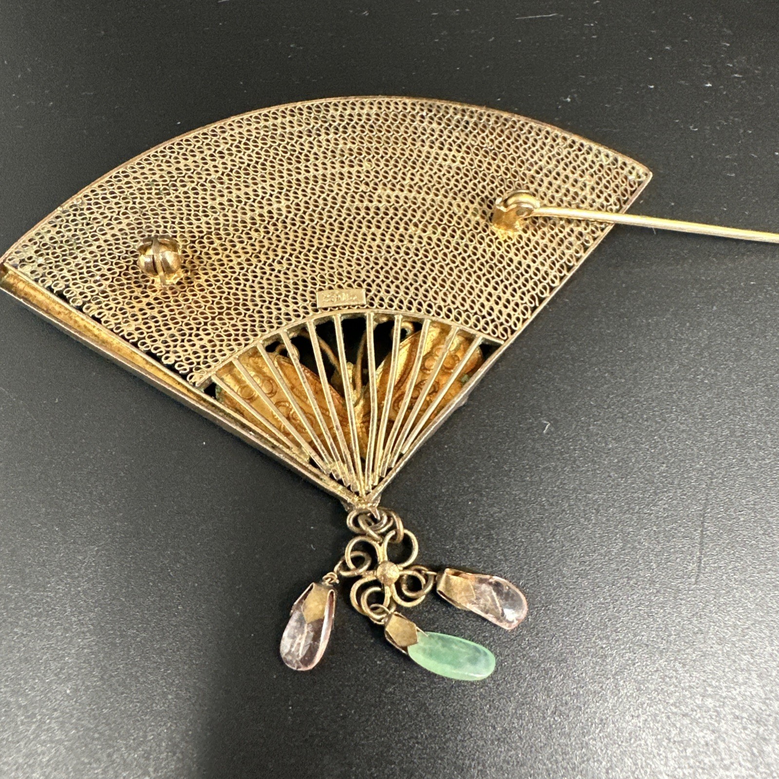 Antique 1920s Fan Brooch Pin Needle Gilt Sterling Silver 925 Enamel Turquoise