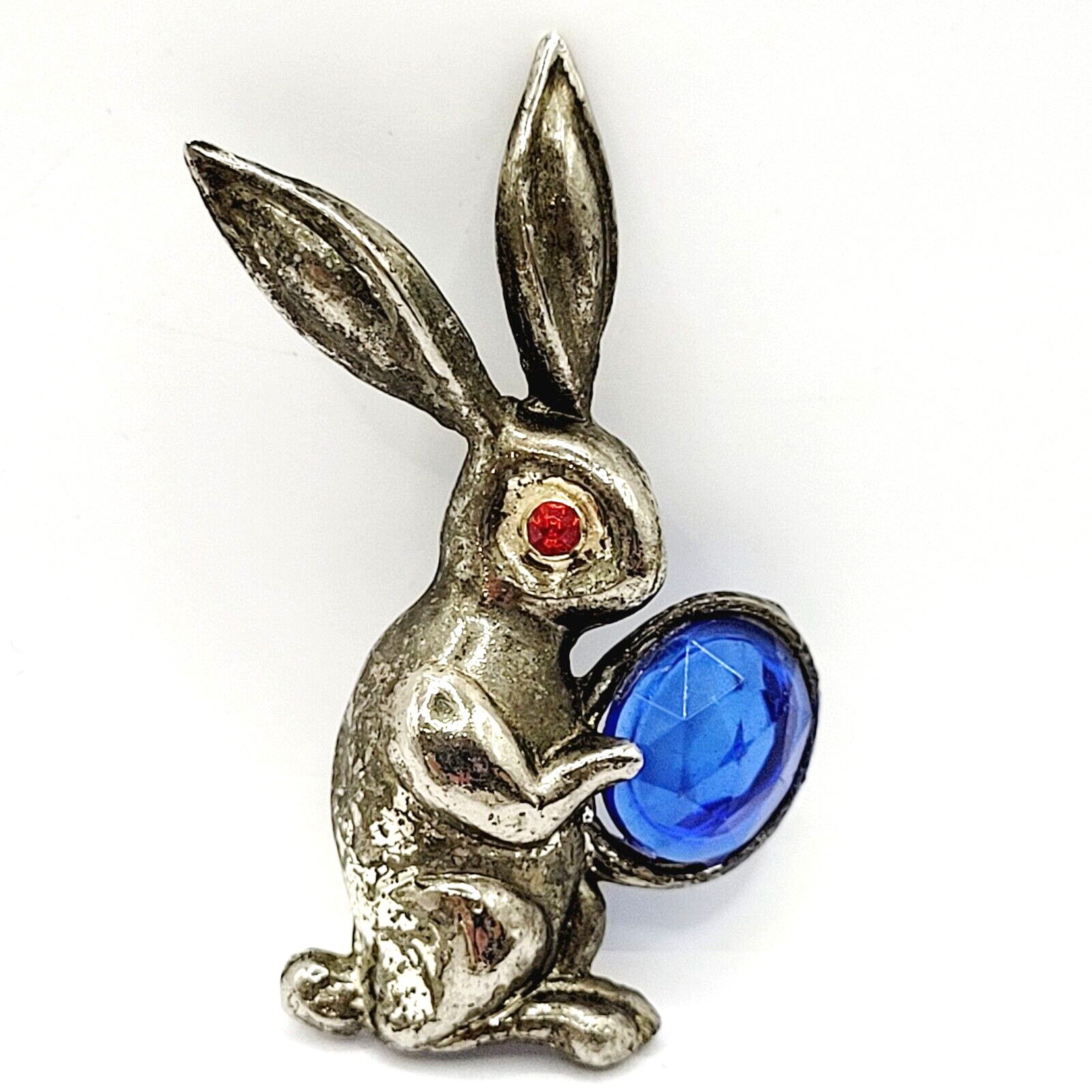 Rabbit Bunny Holding Blue Faceted Egg Silver Tone Vintage Brooch Pin Distressed
