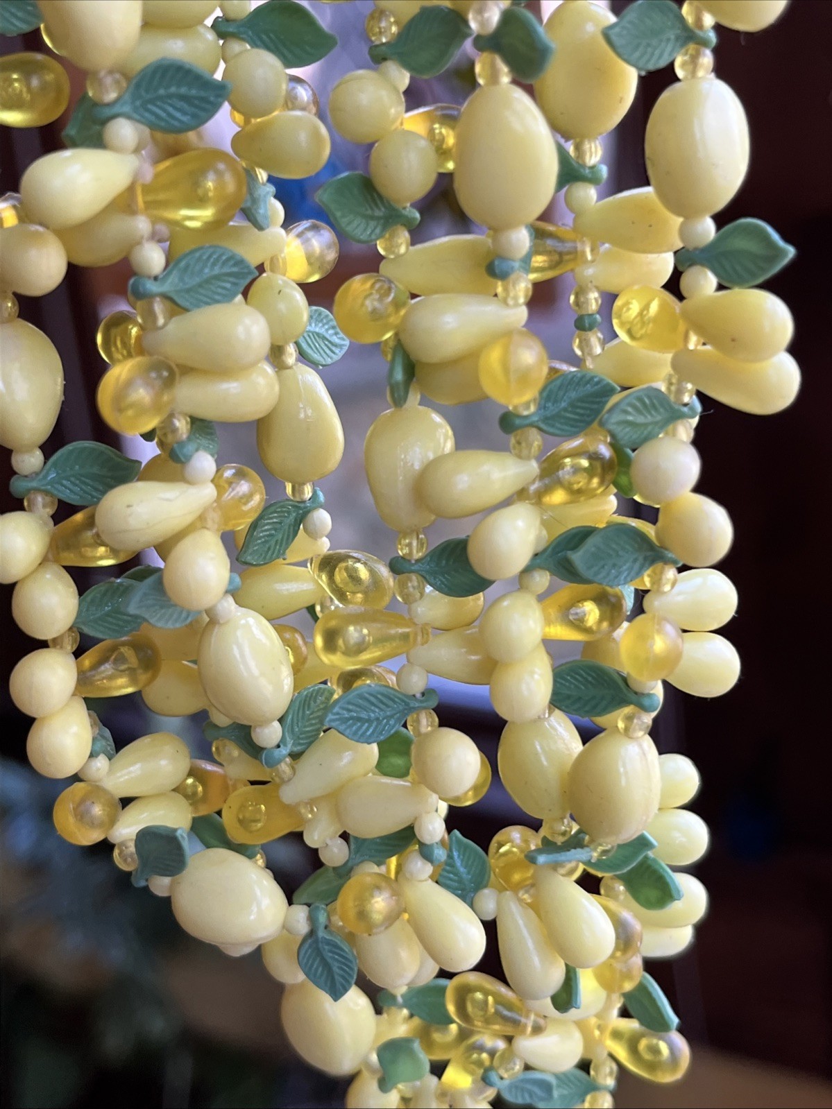 Vintage 2 Strand Tutti Fruity Lemon Necklace Czech Dangle Drop Clip Earrings Set