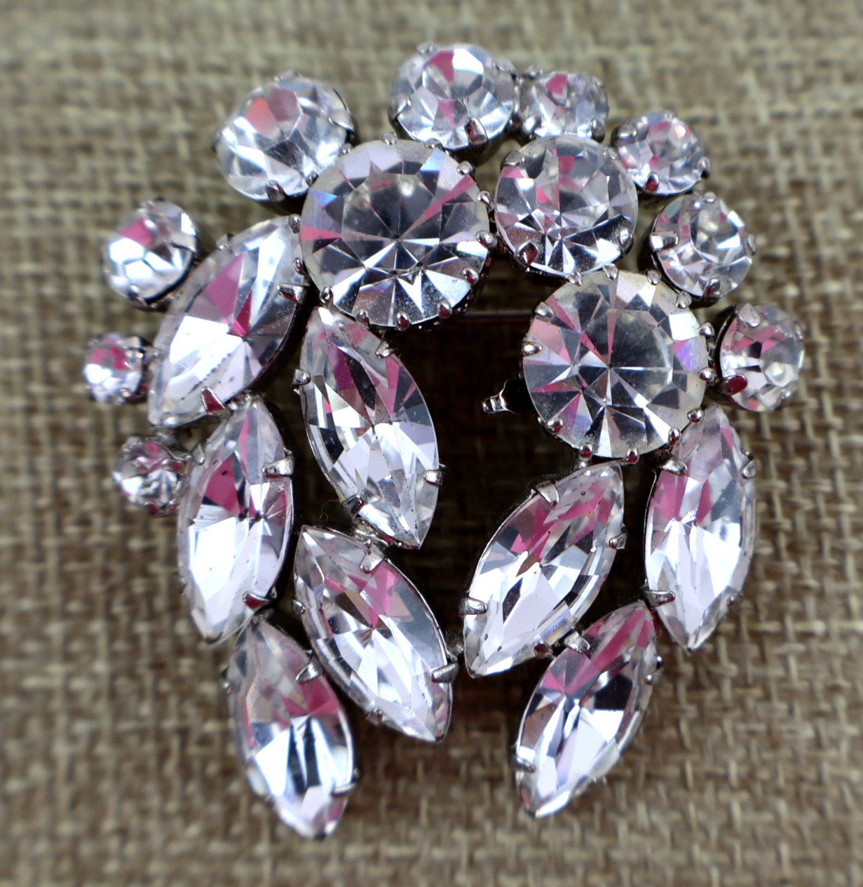 vintage Austria clear rhinestone brooch pin silver tone faceted crystals prongs