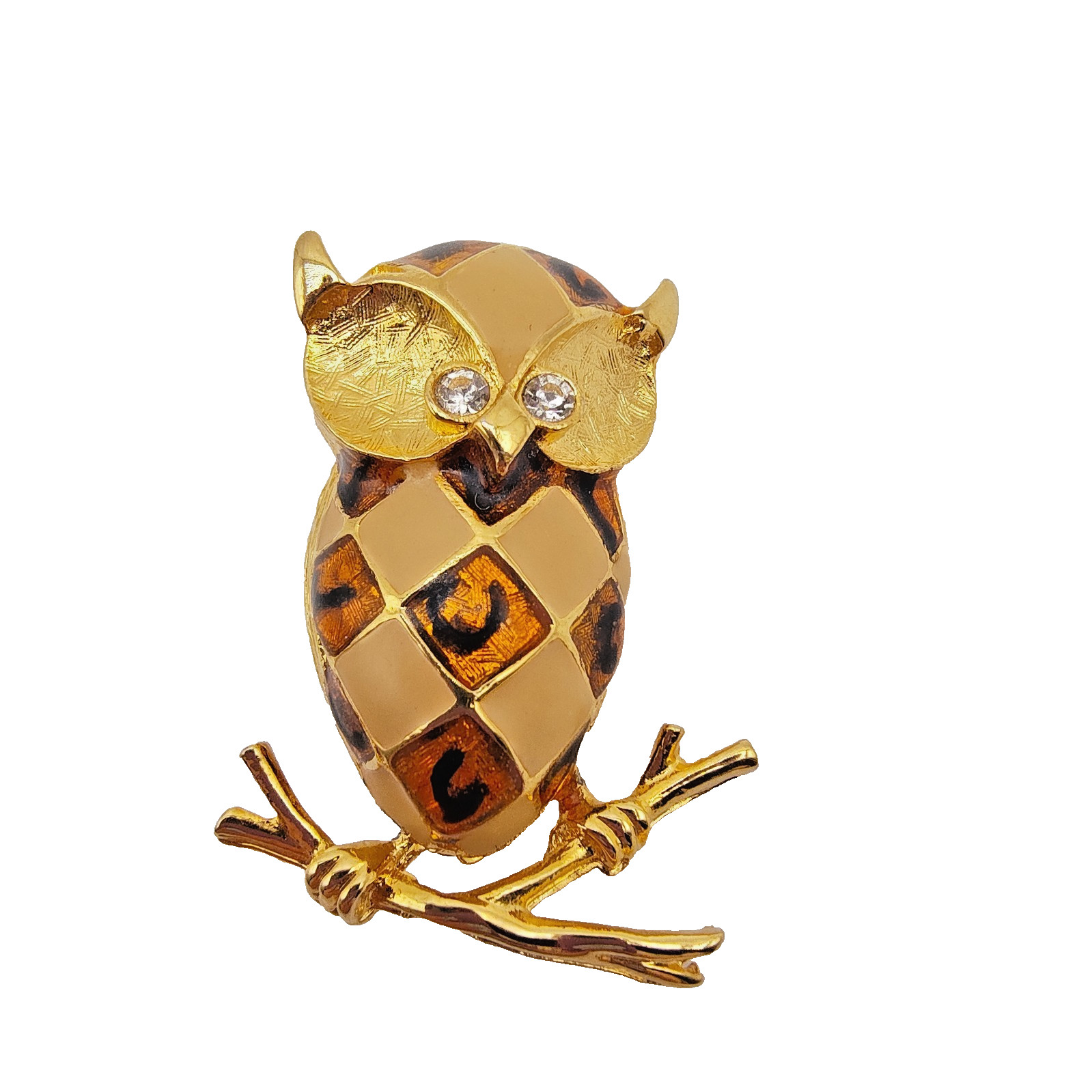 Vintage Owl Brooch Gold Tone Brown Tan Harlequin Enamel Rhinestone Eyes Retro