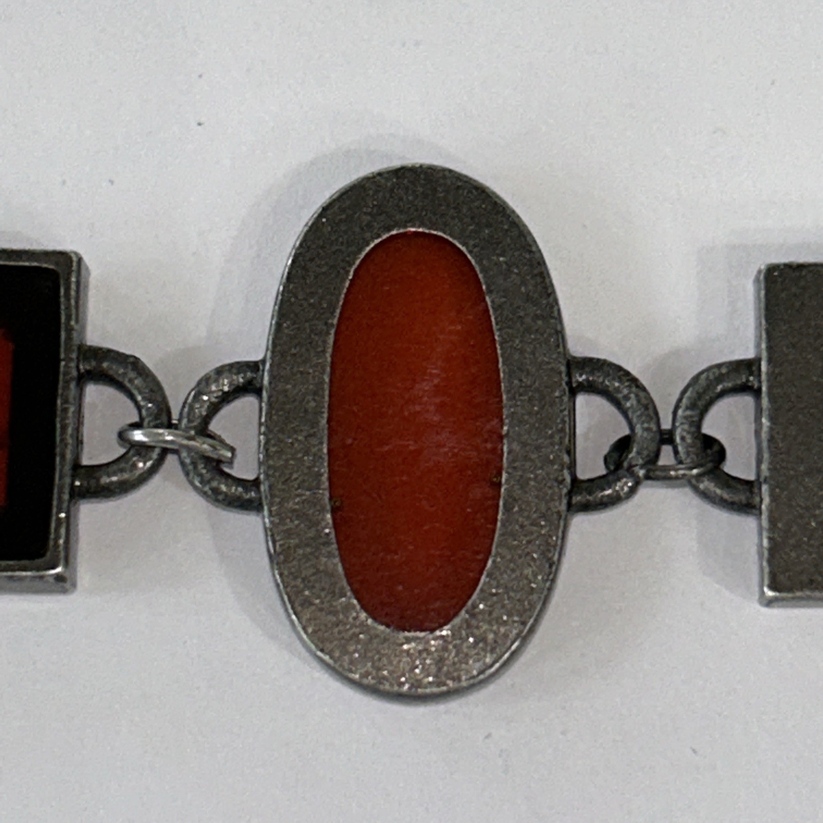 Vintage Bracelet Red Art Glass Retro Era Rectangle Silver Tone