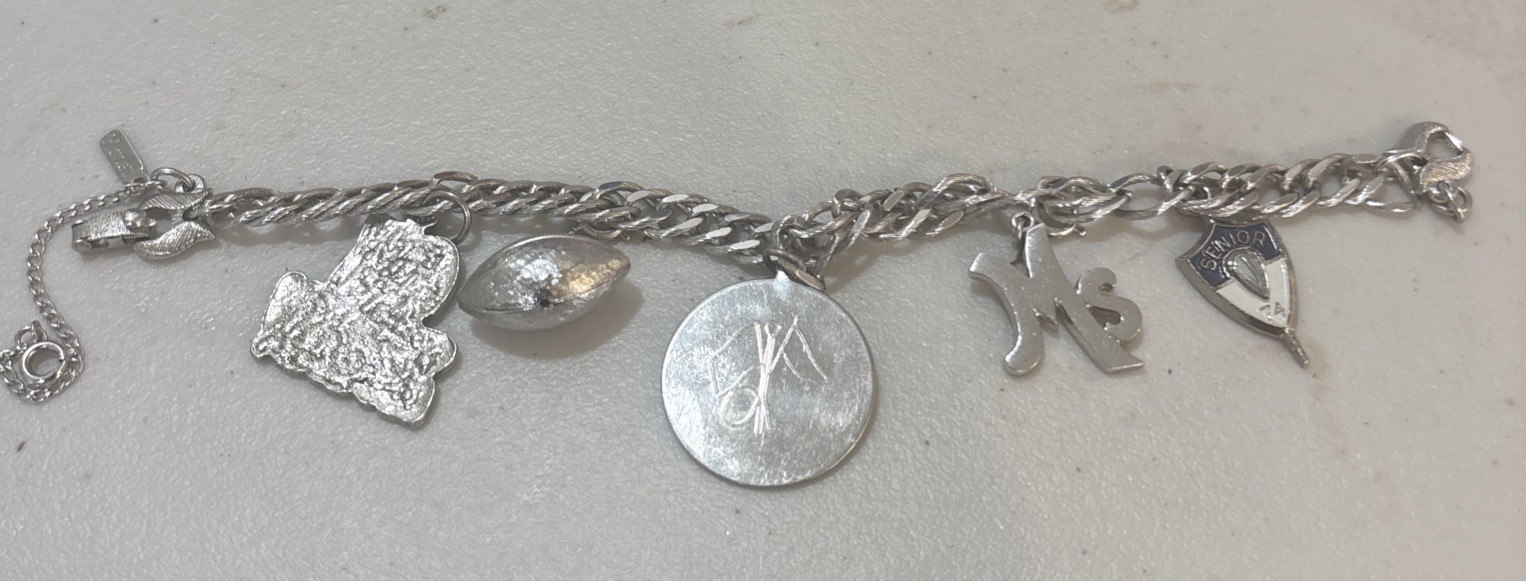 Vintage Monet Silver Tone Charm Bracelet 7.5” Multiple Charms ( 2 Of Them Monet)