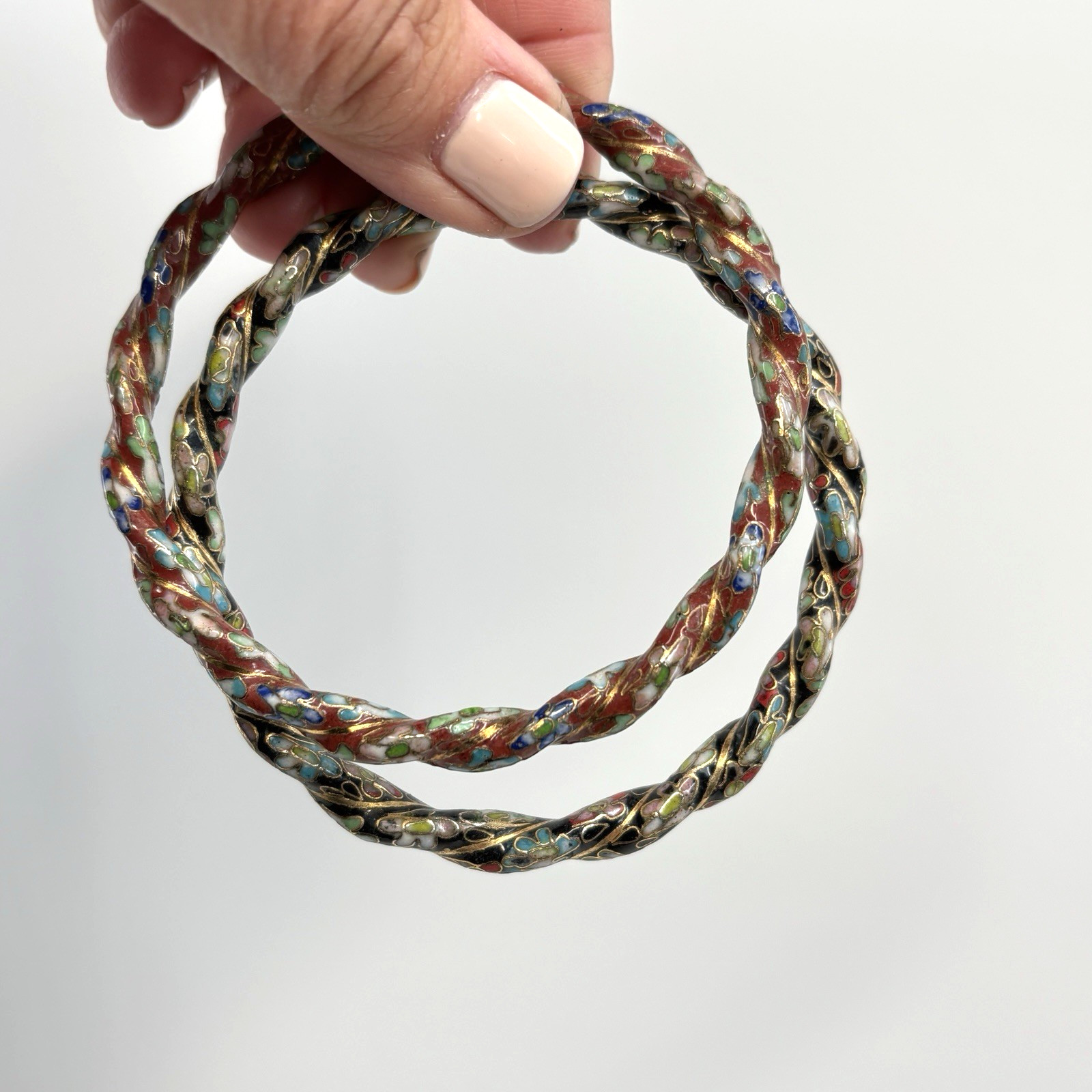 Vintage Chinese Cloisonne Bracelets Bangles Twisted Enamel Heavy