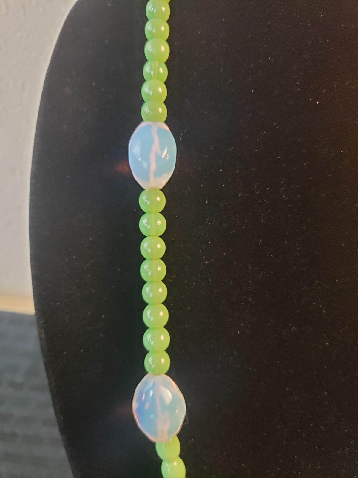 Vintage Opaline and Sage Green Glass Bead Necklace 29″