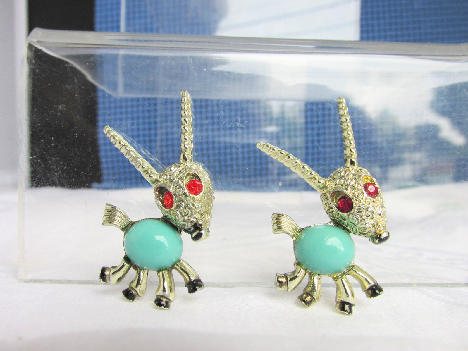 Vintage Weird Antelope Creatures Lapel Pins Aqua Glass Bellies Red Rhinestones