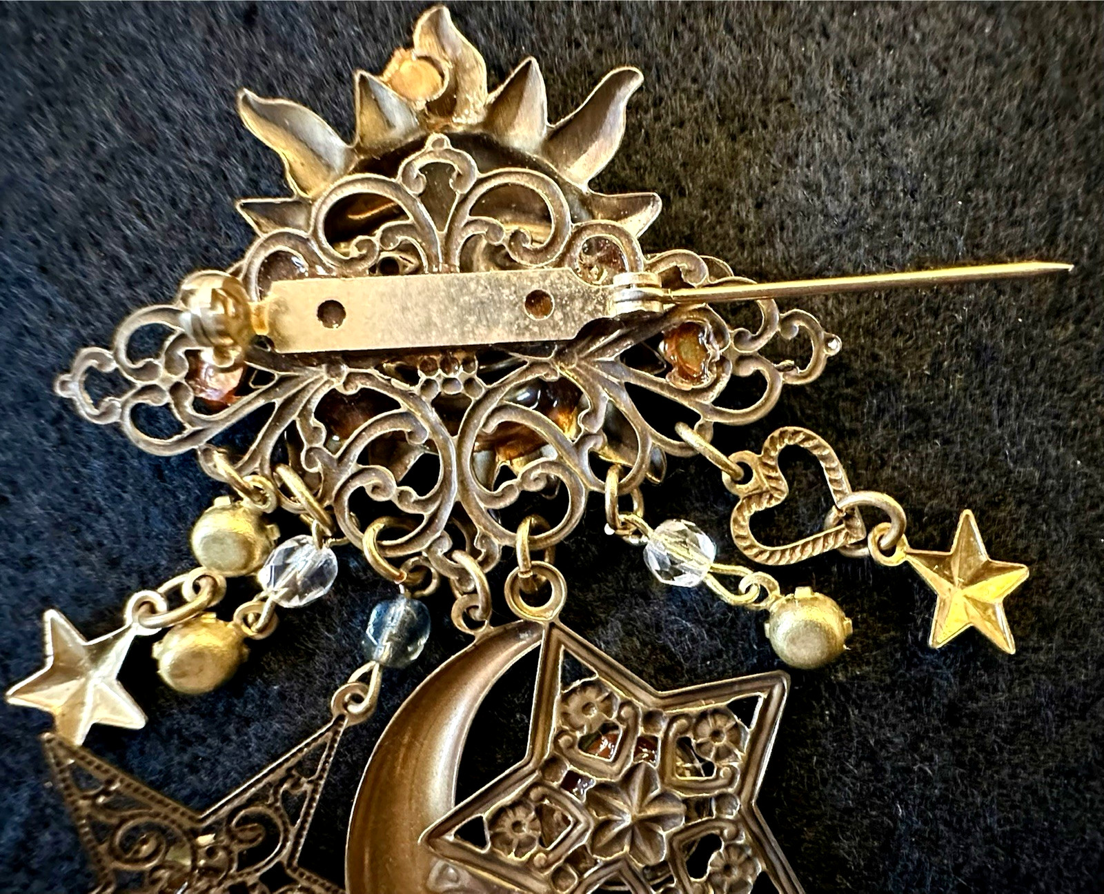 Celestial Sun Moon & Stars Brooch With Crystals – Antique Brass-tone