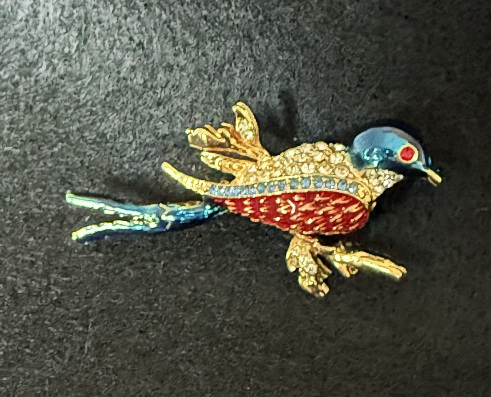 Vintage Blue Bird Enamel Brooch Cabochon Rhinestone Gold Tone Figural Pin