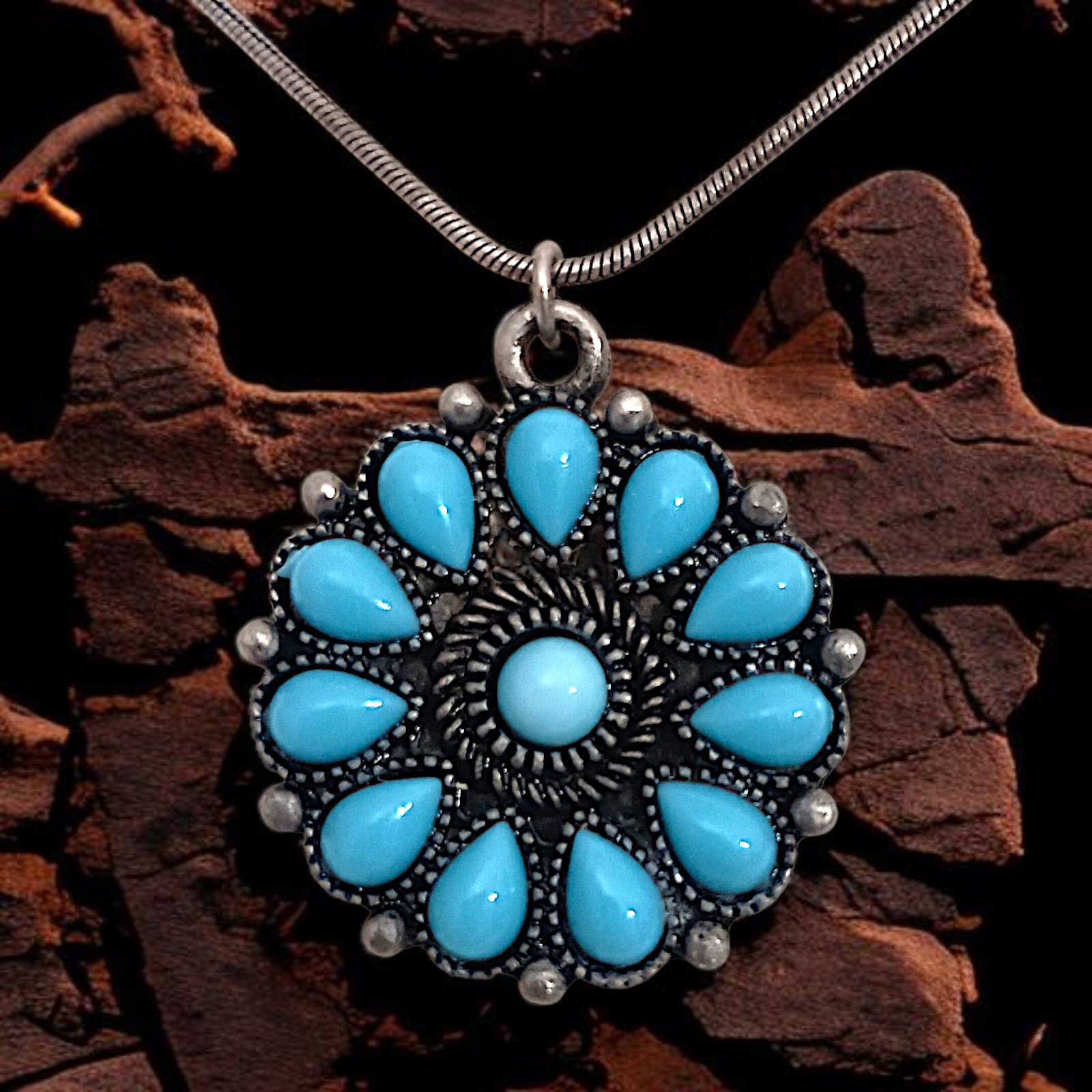 Robert Rose Pendant Faux Turquoise Necklace Antique Silver Tone Southwestern