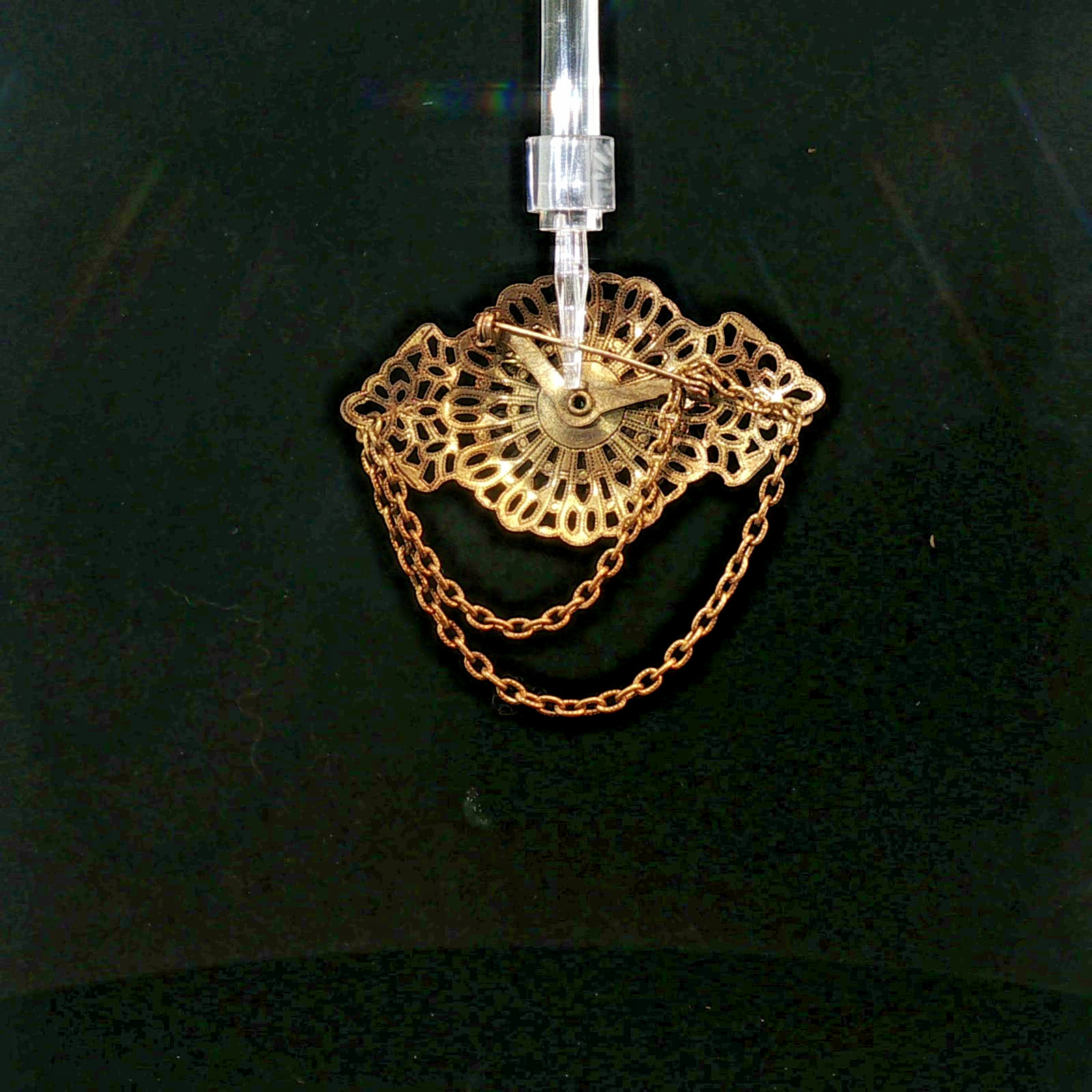 Vintage Gold Tone Filigree Brooch w/ Dark Green Stone Pearls & Swag Chains Chate