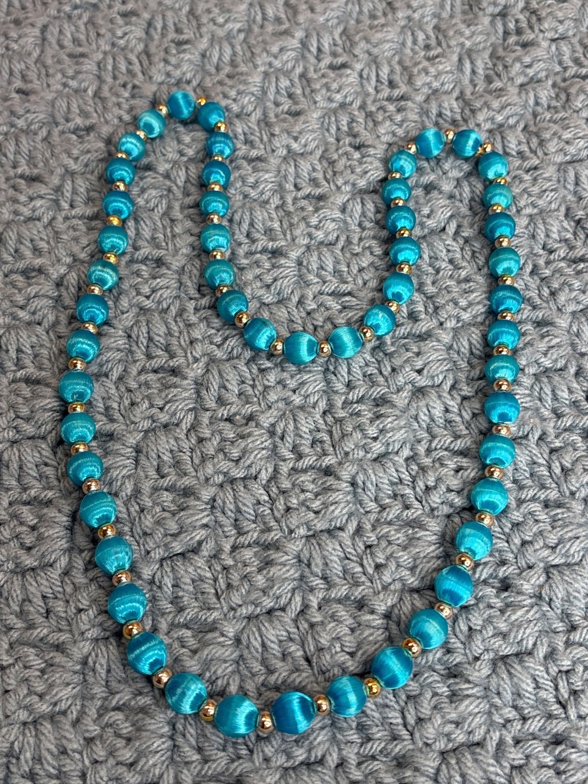 Blue Satin Wrapped Beaded Necklace Silvertone Spacer Beads Vintage 29 inch Long