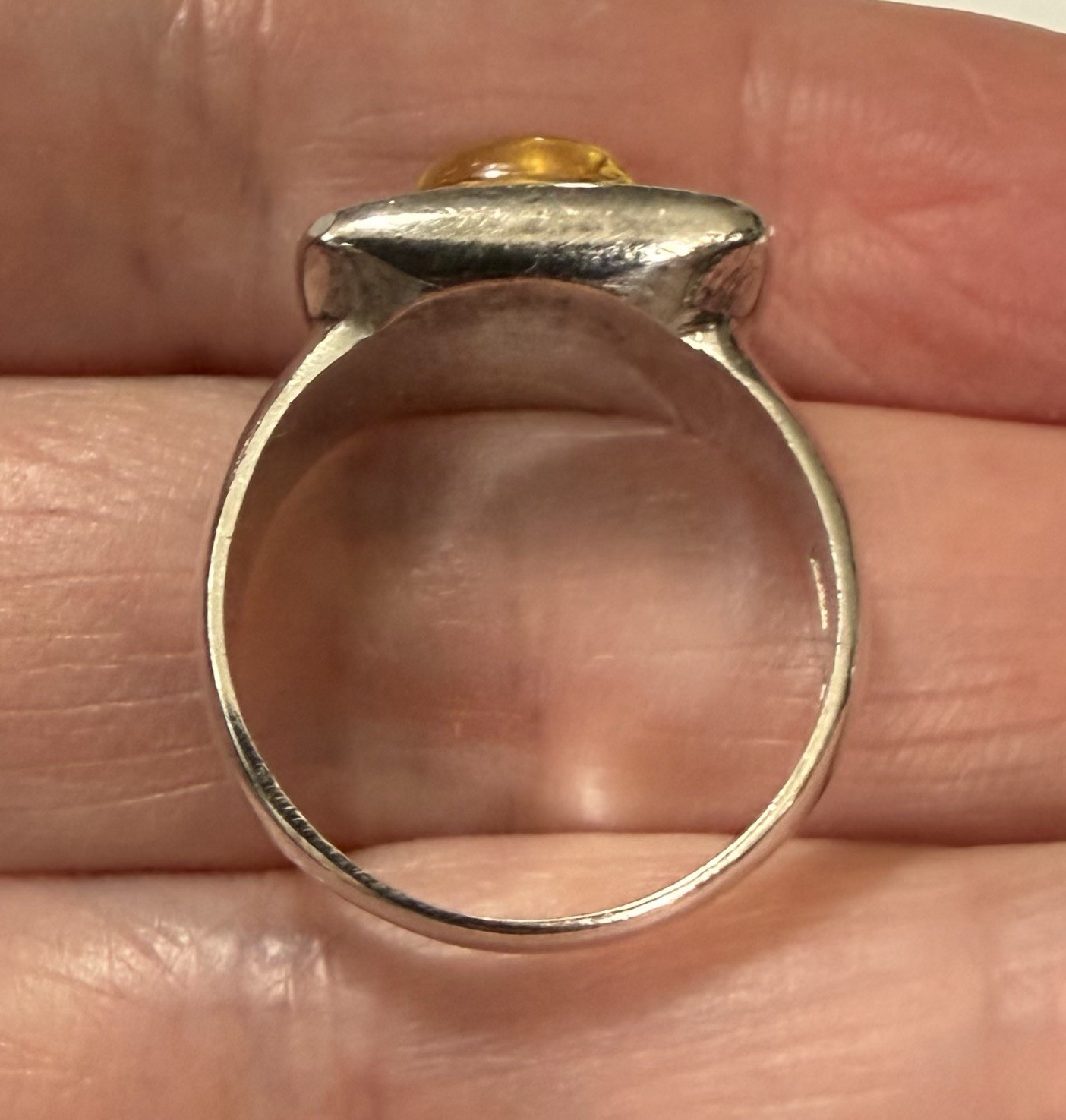 Vintage Modernist Sterling Silver Lemon Amber Cabochon Square Face Ring Size 5.5