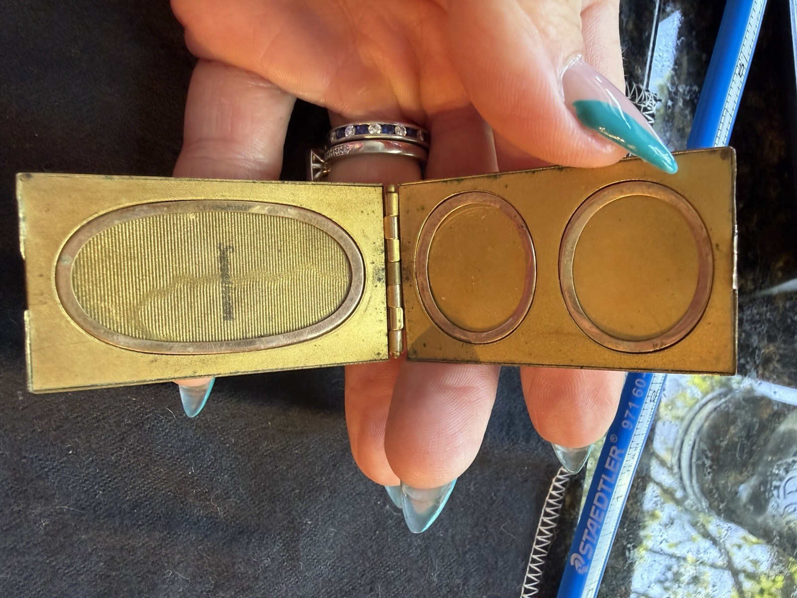 Antique Art Deco Gold Filled Triple Photo Locket Pendant Engraved Keepsake