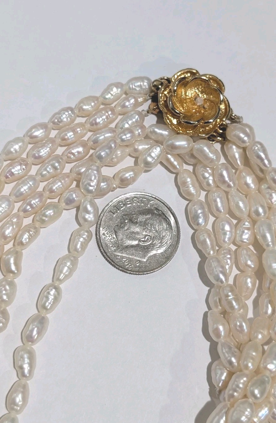 Vtg Gold Plated Rose Genuine 4-7mm Freshwater Pearls Triple Strand 33″ Necklace
