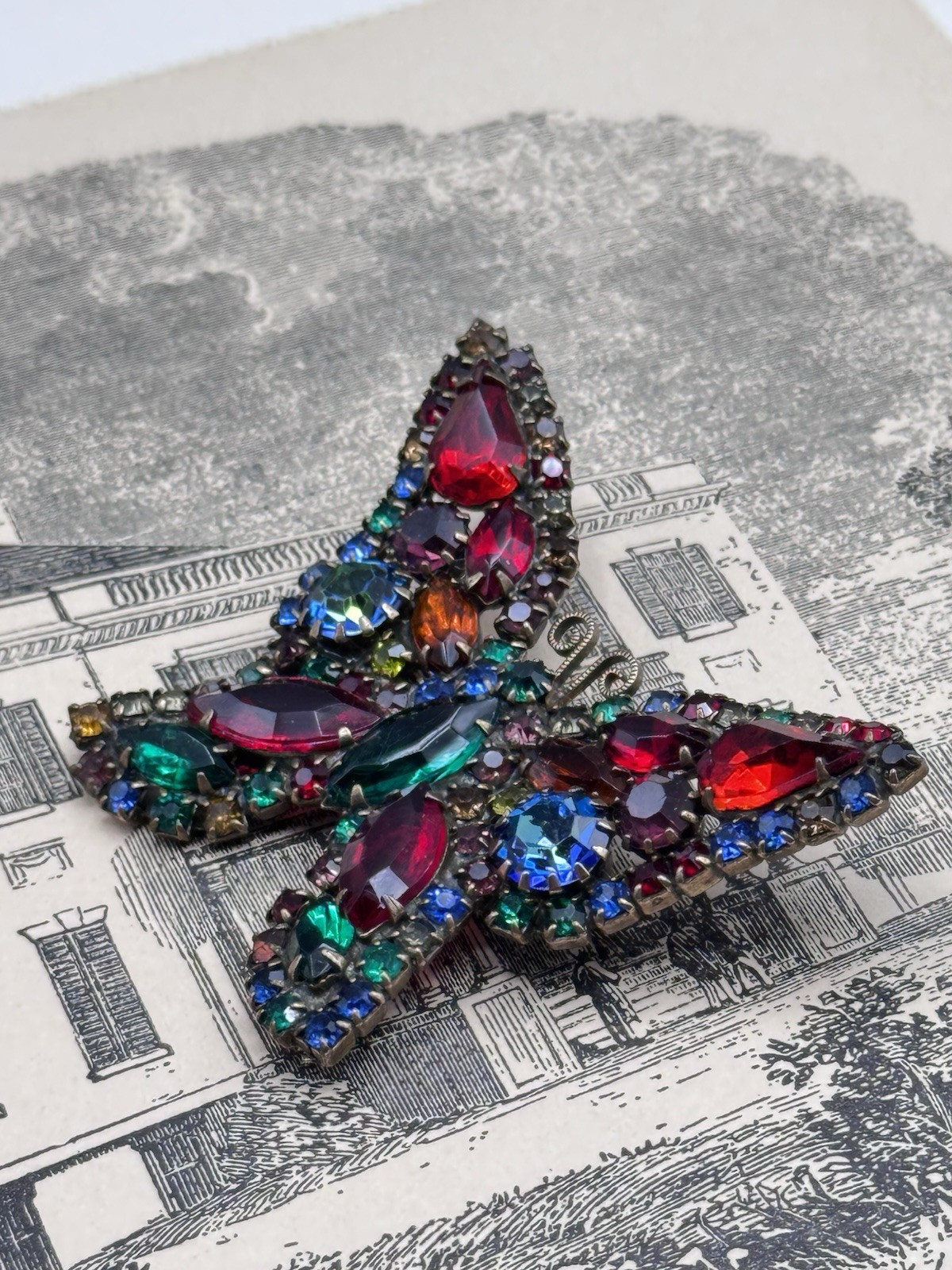 Weiss Butterfly Brooch Multicolor Rhinestone Figural Pin Signed 2.5” VINTAGE