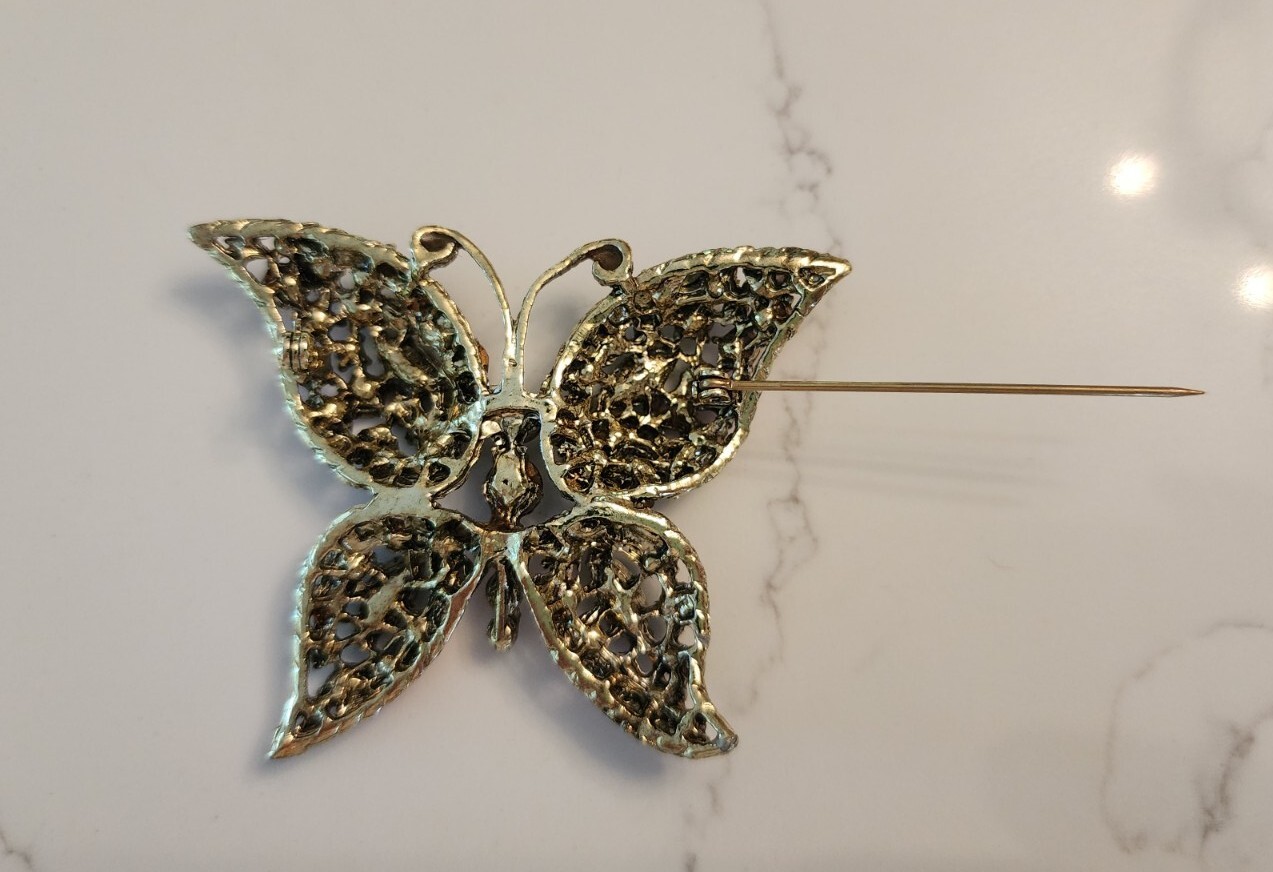 Vintage Butterfly Brooch Multicolor Rhinestones Midcentury 2 inches Pink