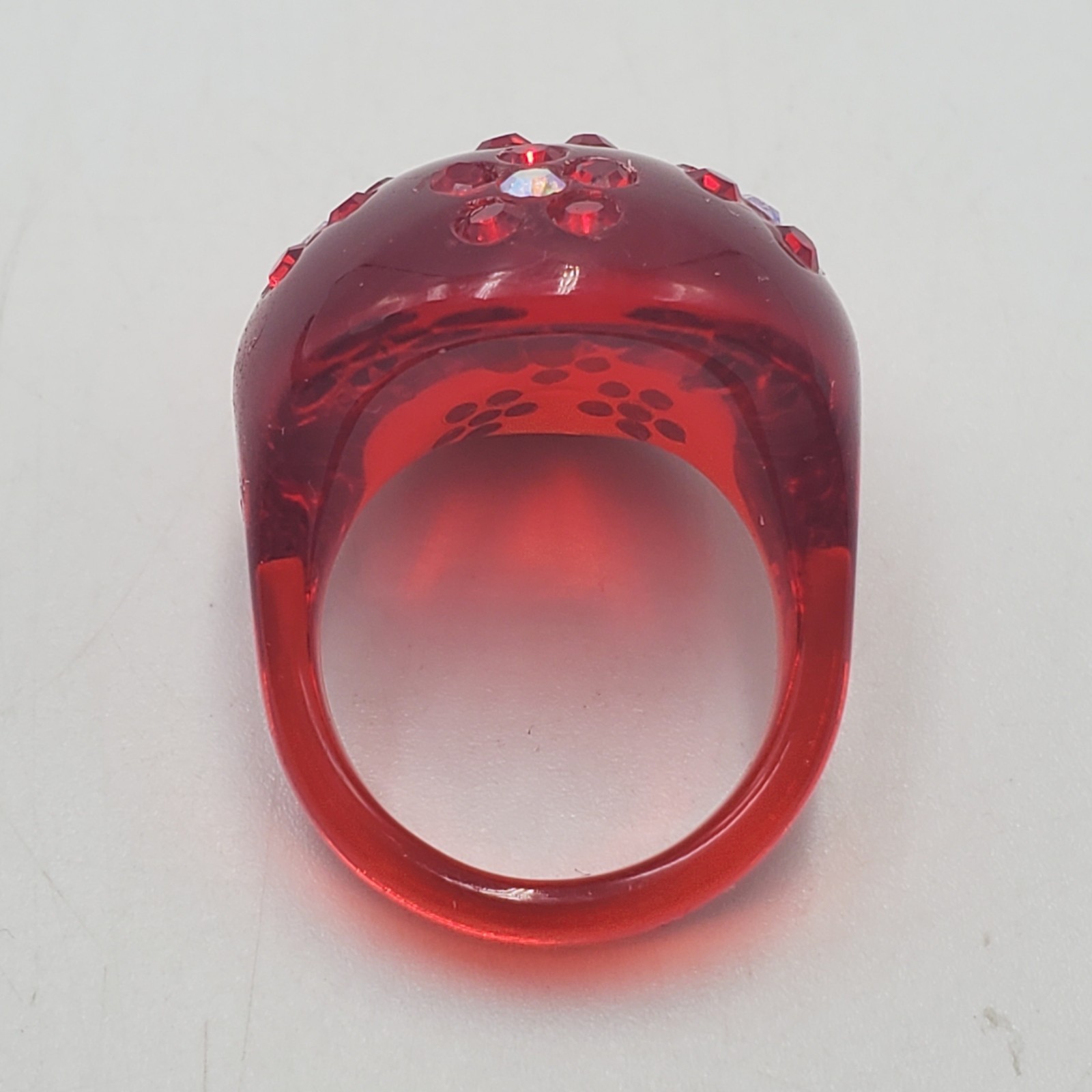 Vintage Lucite Rhinestone Flowers Ring 8 NEW Domed Red Boho Hippie Mod Retro