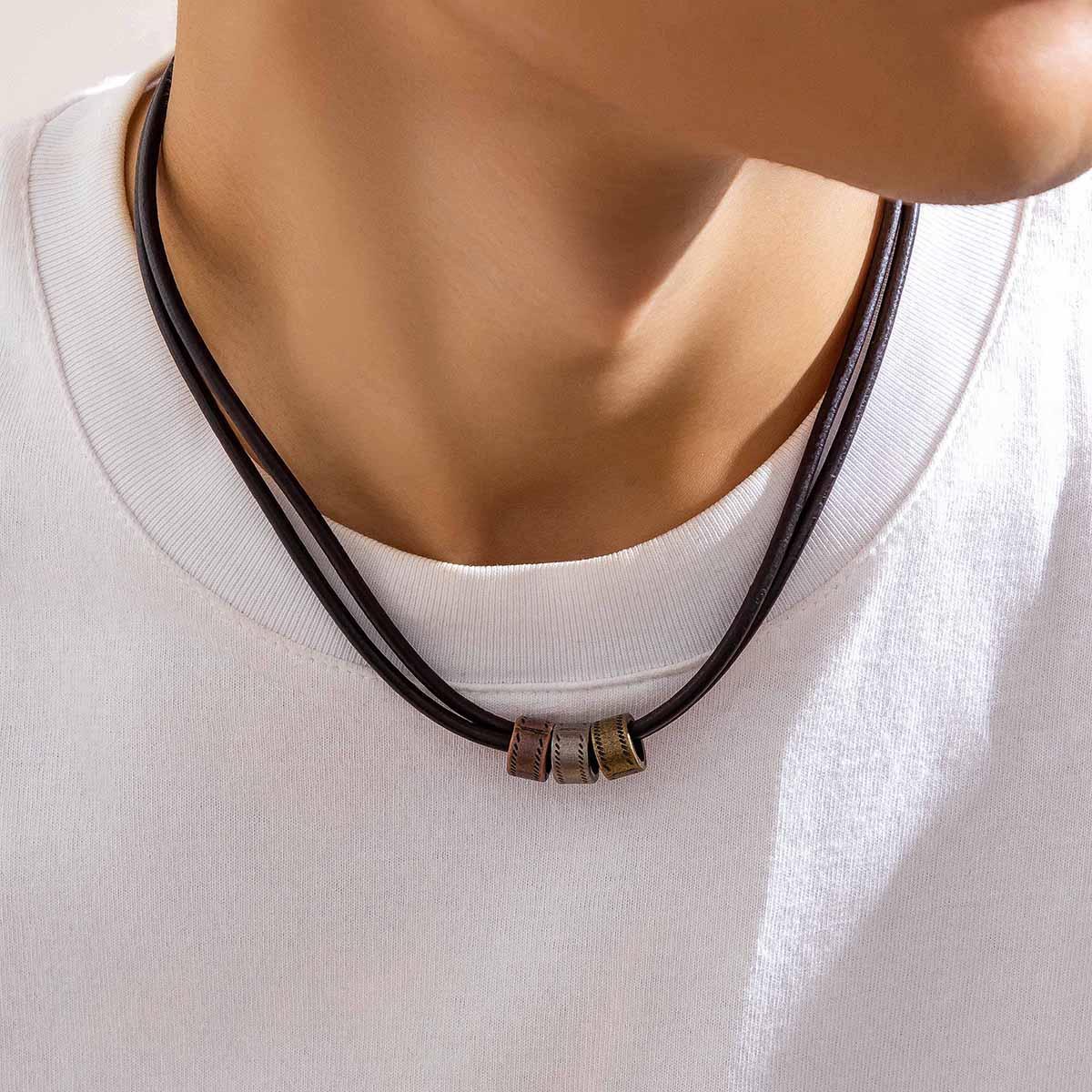 Vintage PU Leather Choker Necklace for Men with Metal Beads Trendy 2025 Jewelry