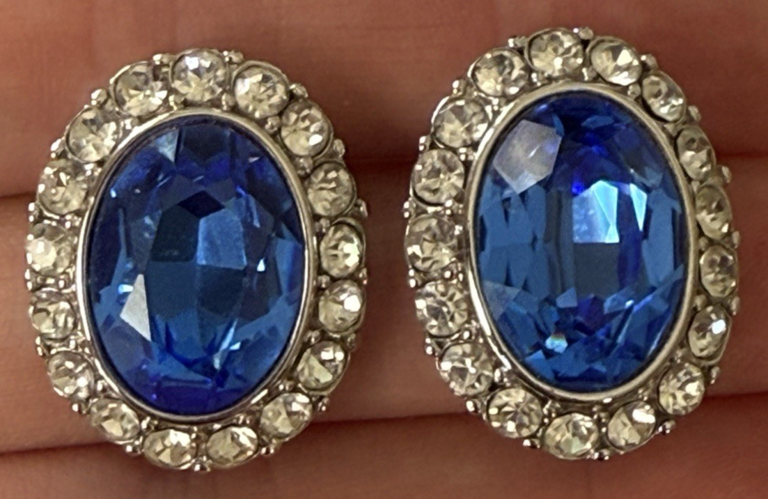 Yves Saint Laurent YSL Blue Faux Sapphire Faceted Cabochon Rhinestone Earrings