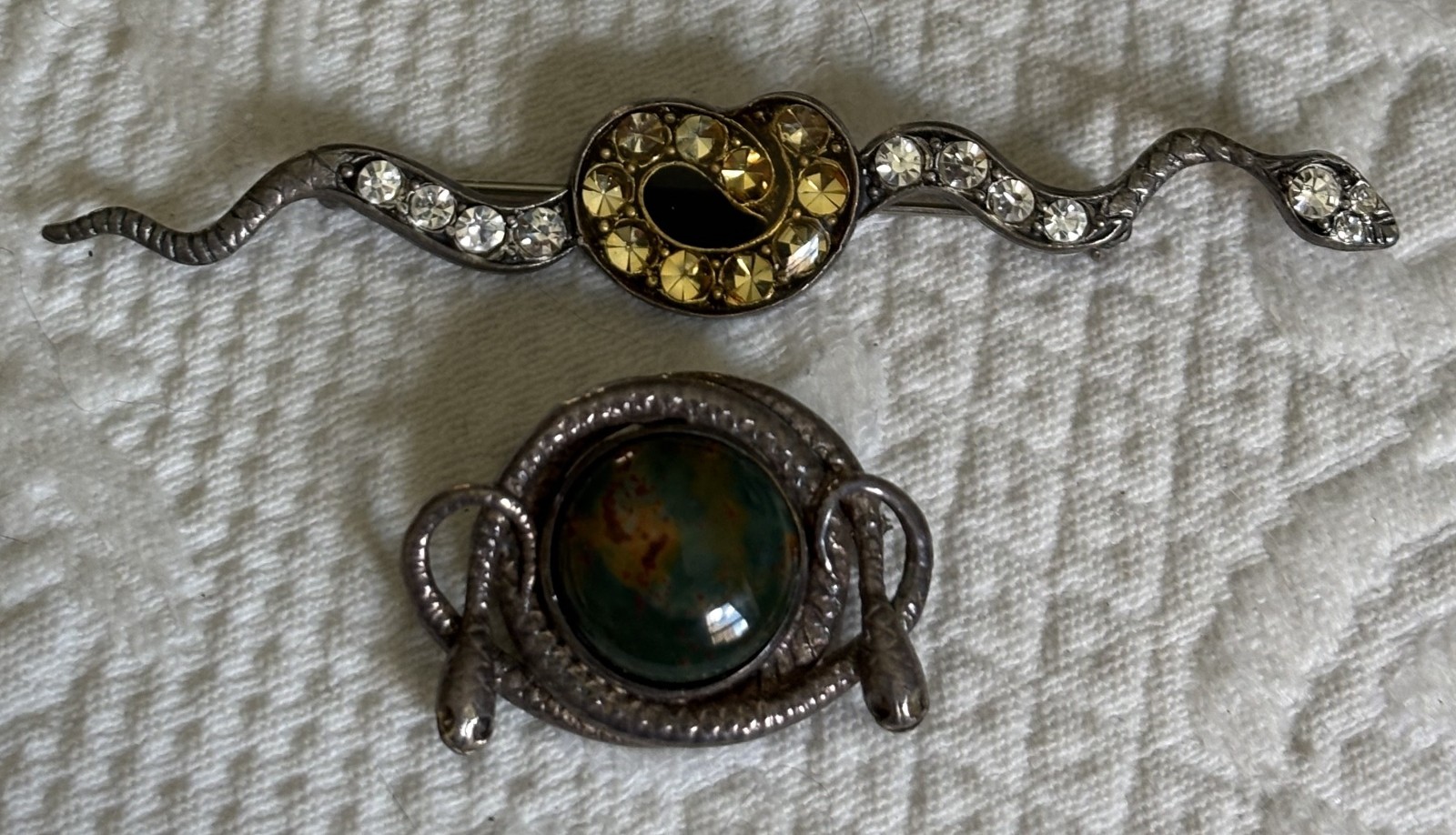 VINTAGE STERLING AND SILVER SNAKE BROOCHES (2) W/TURQUOISE AND ONE W/RHINESTONES