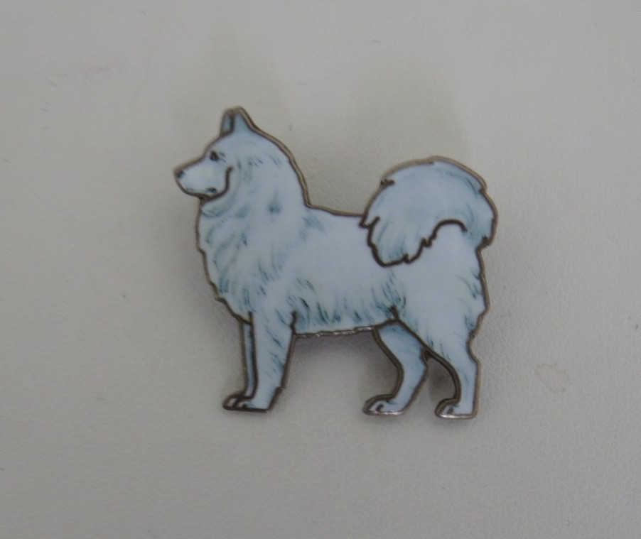 UNUSUAL VINTAGE STERLING SILVER & WHITE ENAMEL DOG PIN BROOCH SAMOYED?