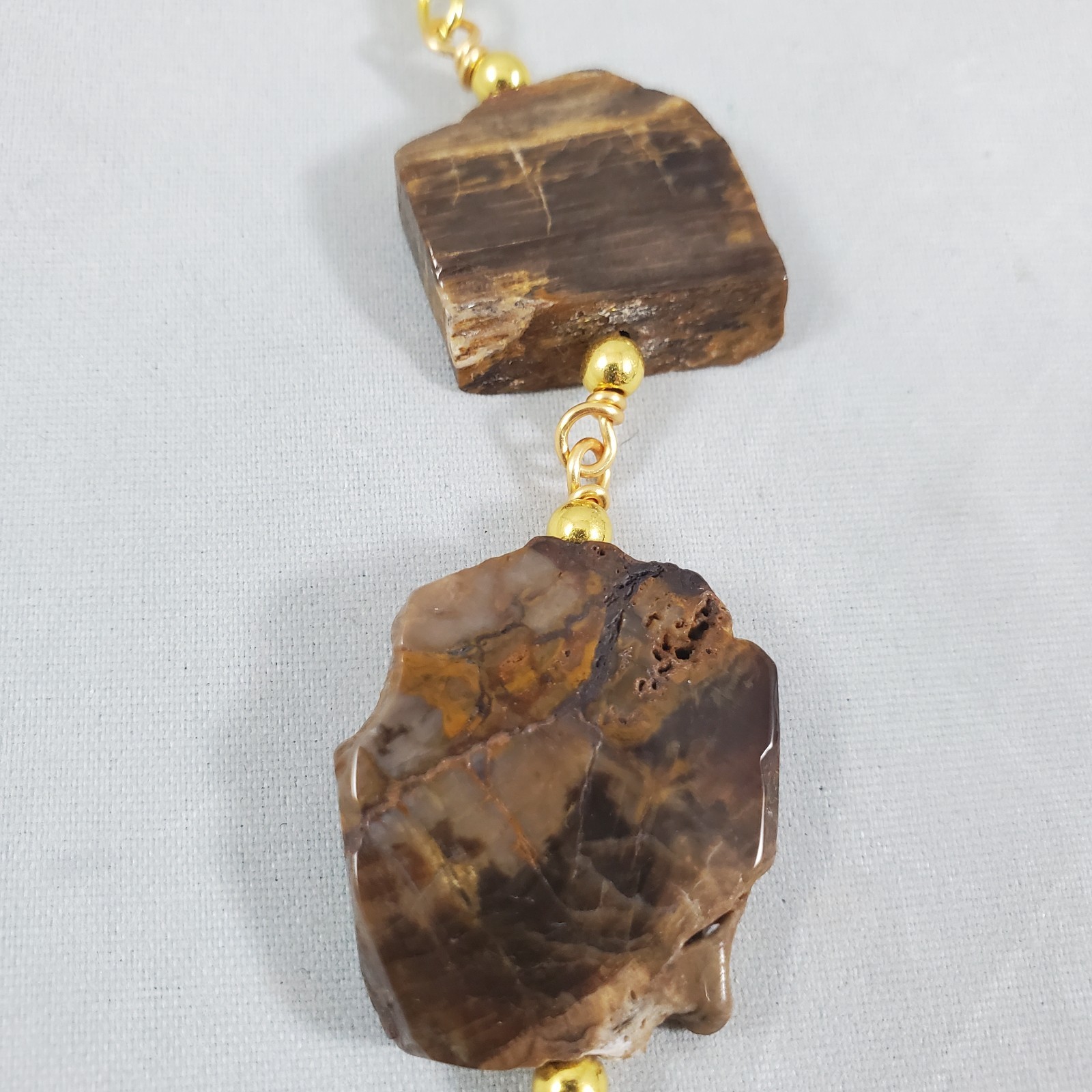 Polished Petrified Wood 7 Slices Gemstone Gold Tone Collar Necklace Vintage
