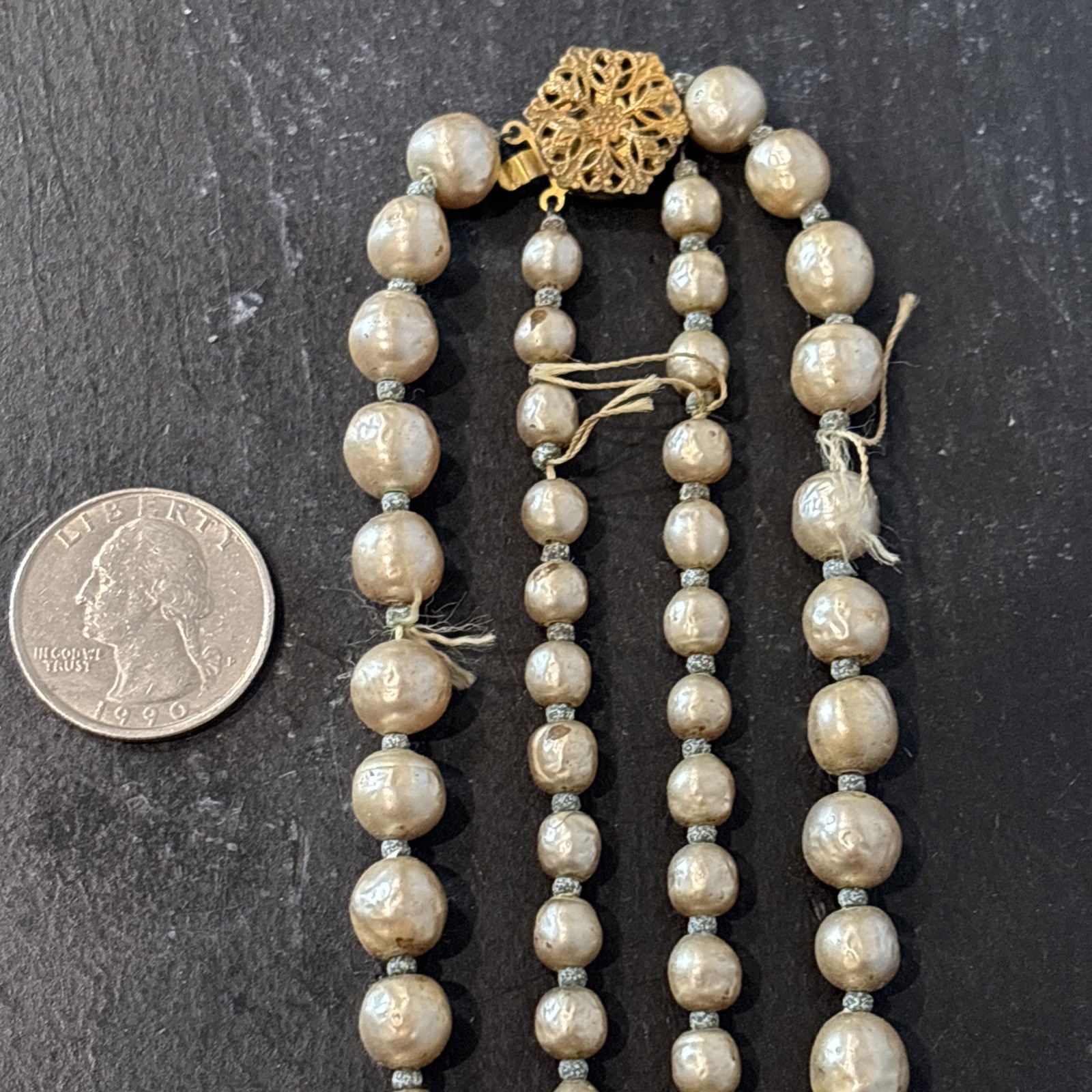 Double Strand Miriam Haskell Baroque Simulated Pearl Necklace Gold Tone Closure