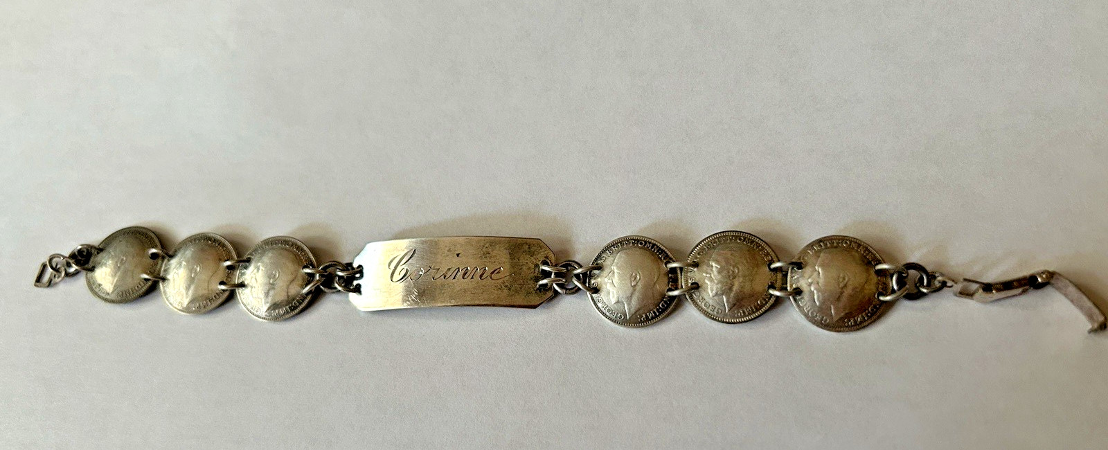 Antique British King George 3 Pence ID Bracelet Aprx 7” In Sterling Silver