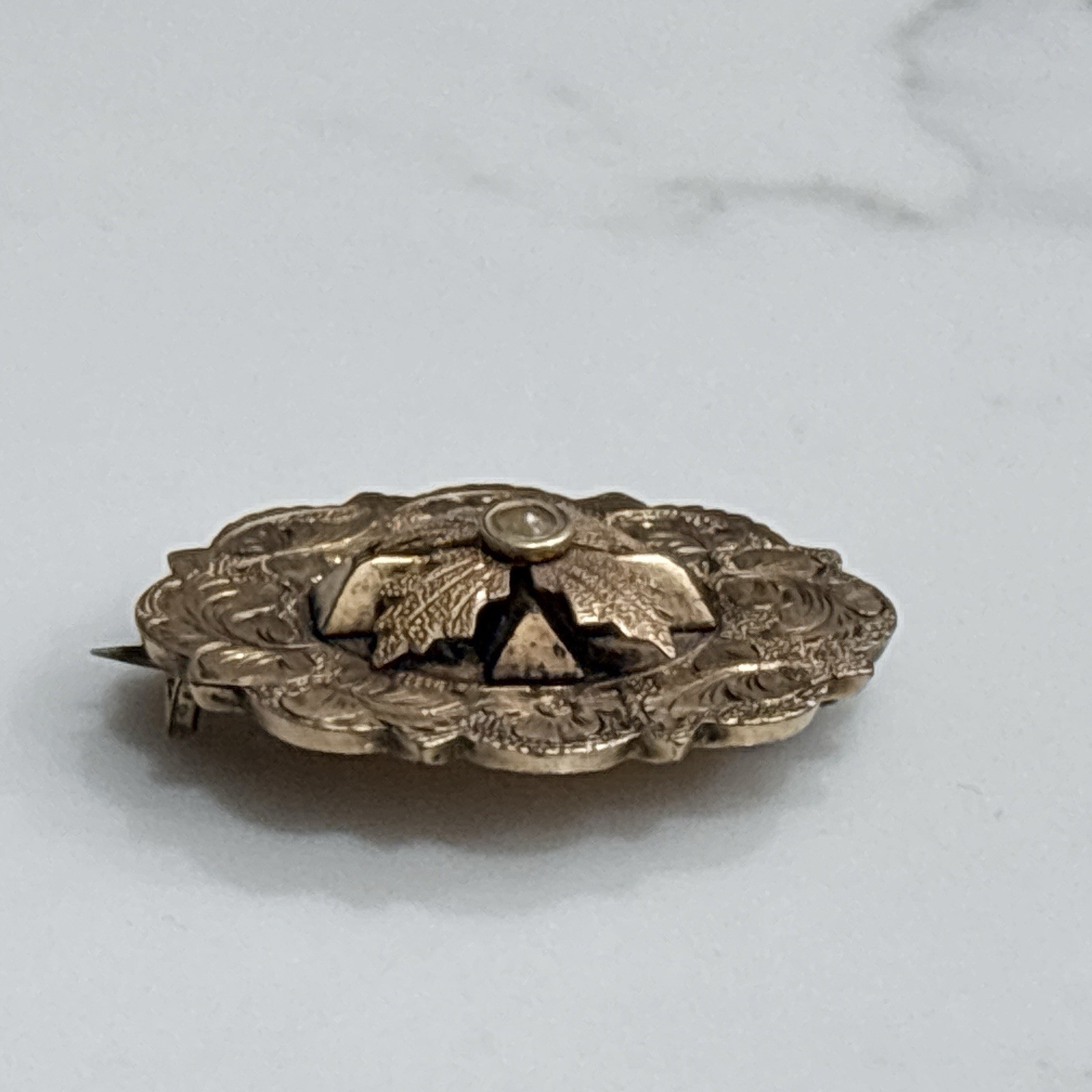 Antique Victorian Gold Filled Brooch Pin Floral Repousse Oval 3D Cross Vintage