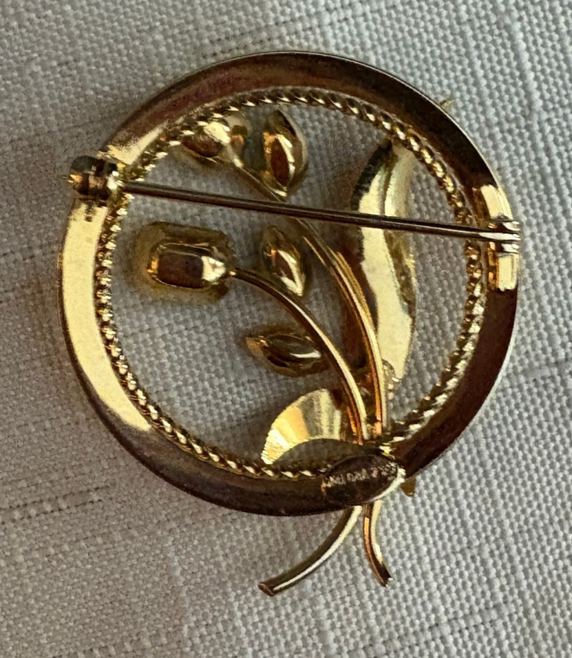 Beautiful 1/20th 12K Gold Fill A&Z Hayward Floral Brooch Pin Green Rhinestones