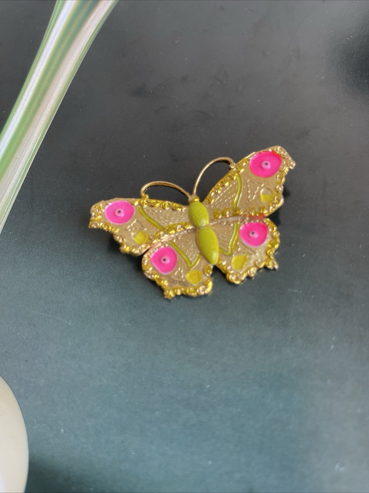 Vintage signed ART Arthur Pepper enamel butterfly brooch pink green