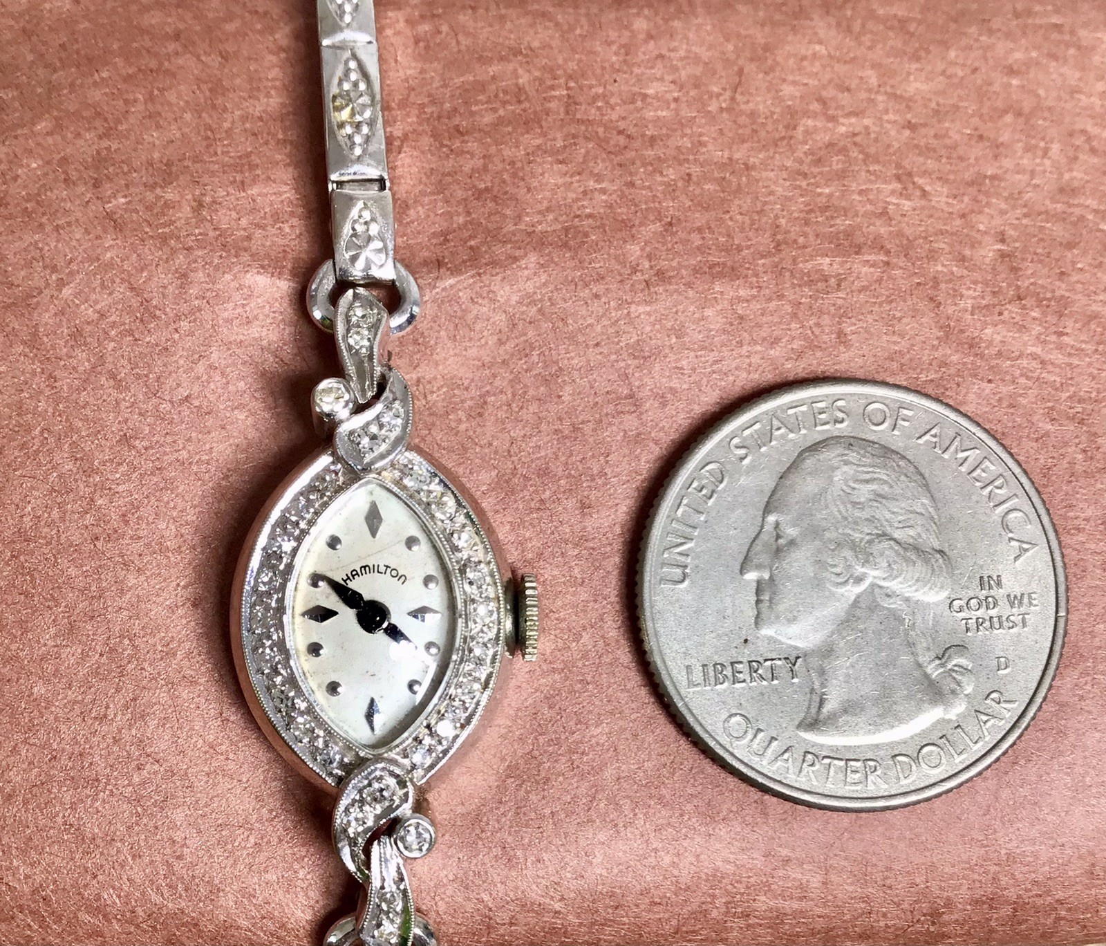Works! EUC Vintage Antique Hamilton 14k White Gold 28 Diamonds Ladies Watch X57
