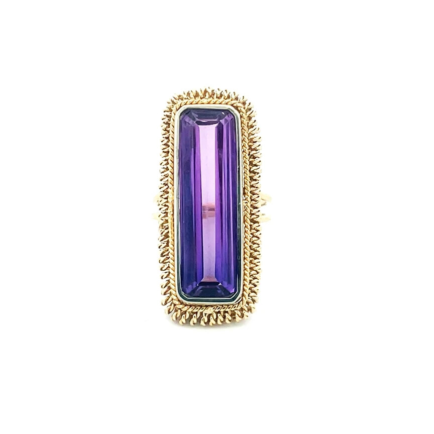 Amethyst Gold Long Ring 18k Yellow Rope Style Split Shank Size 5 Vintage