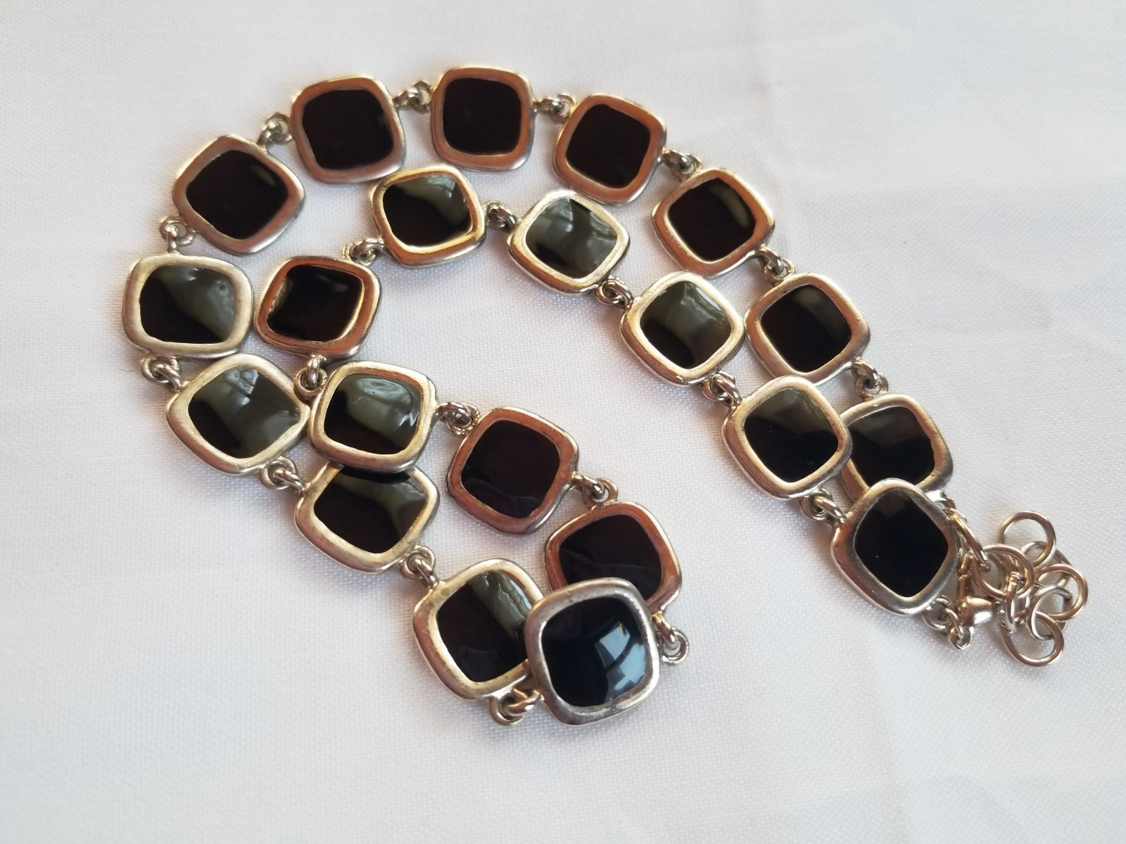 Vintage 1970s Black and Cream Enamel Geometric Necklace Reversible Silvertone