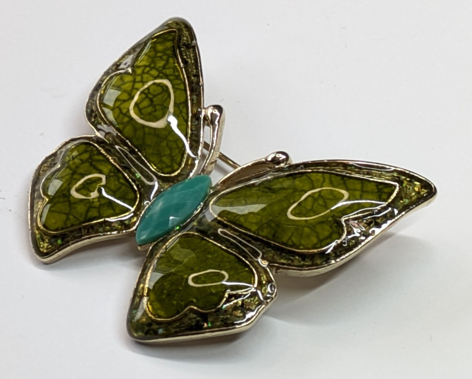 VTG Liz Claiborne Green Enamel Blue Rhinestone Butterfly Statement Brooch Pin