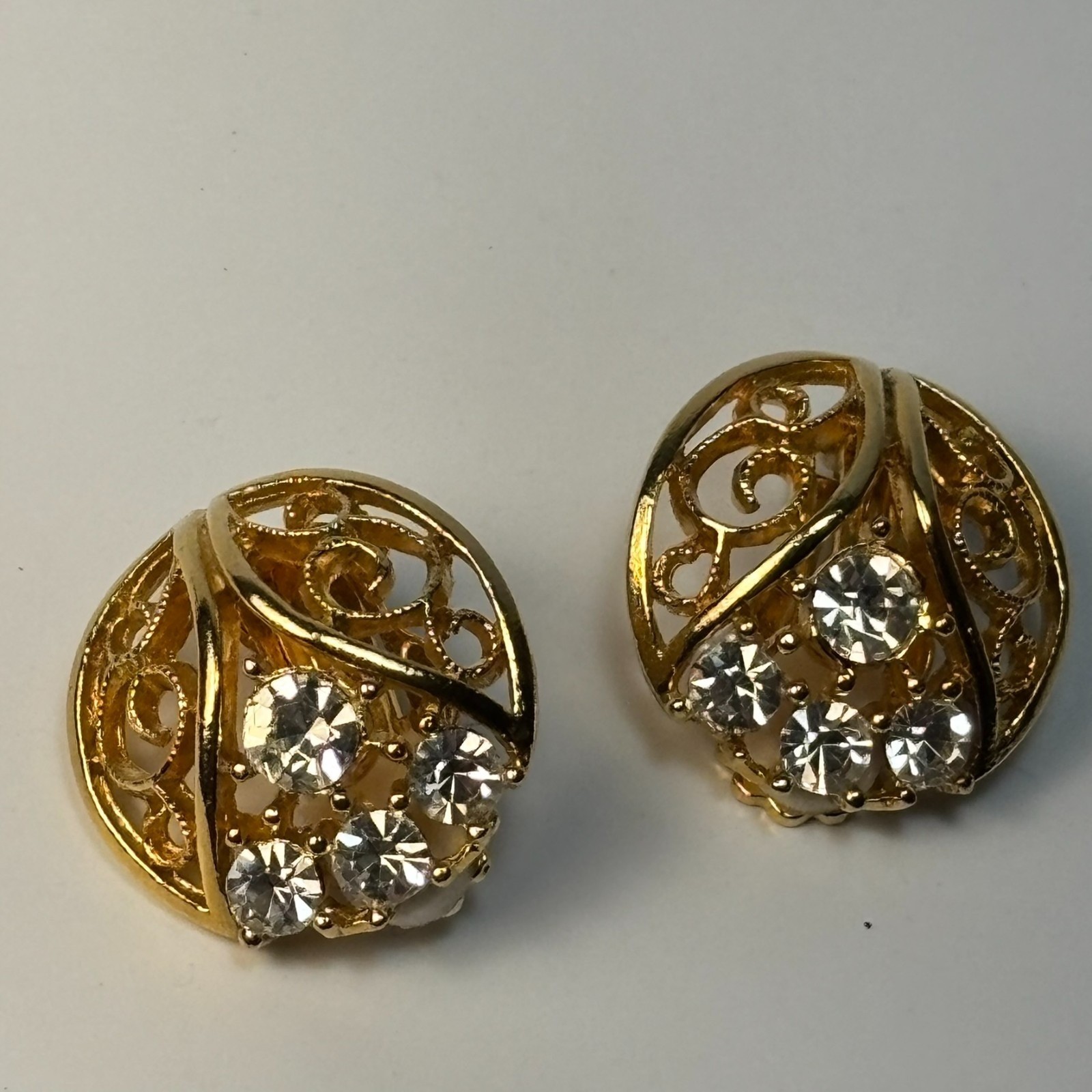 Vintage Earrings Filigree Gold Tone Rhinestones Elegant Clip On