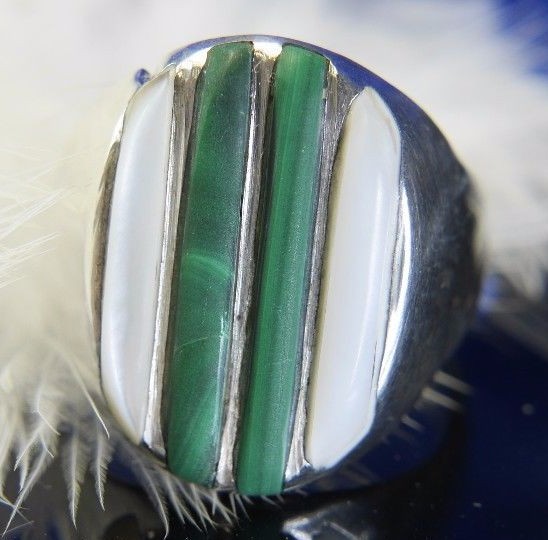 Men’s Vintage 3/4″ Mom of Pearl Malachite Sterling Silver 0.925 band Ring size 9