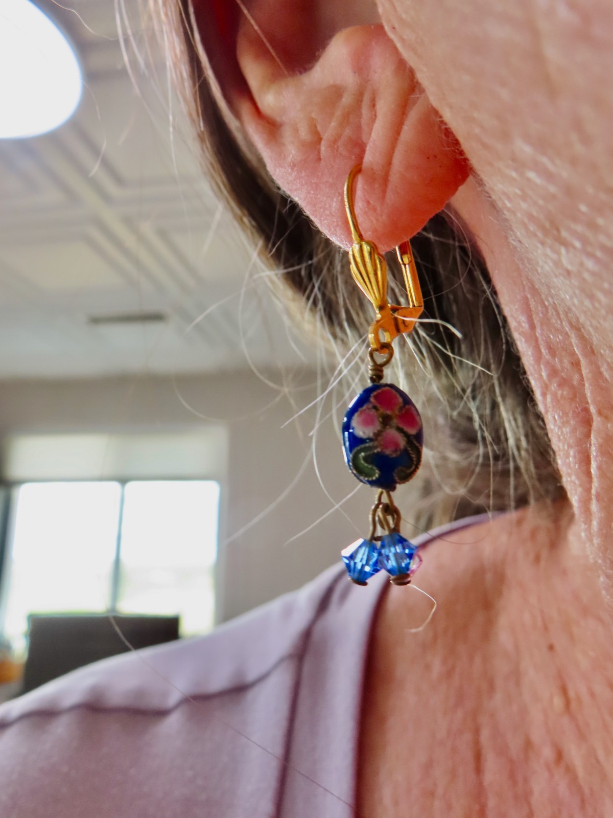 Vintage 1990’s Cloisonne Dangle Crystal Bead Pierced Earrings