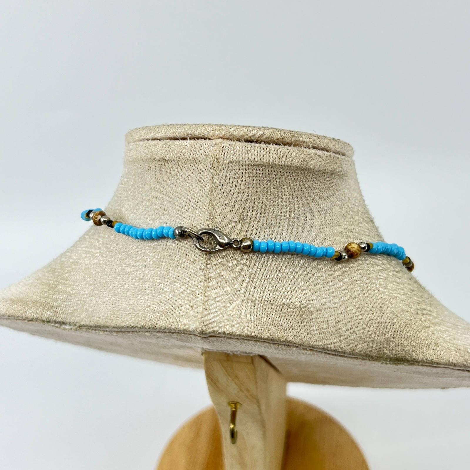 Vintage Style Blue Seed Bead & Earth Tone Accent Necklace Boho Summer Jewelry