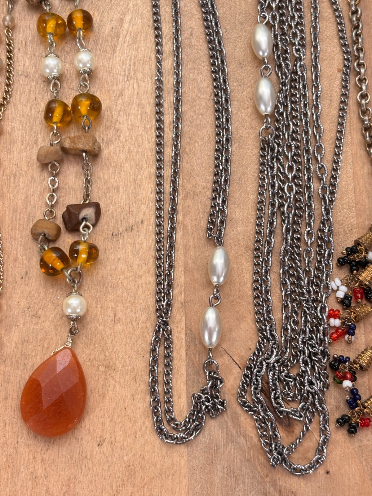 Large Lot of Costume Jewelry, Chains and Fringe Necklace, 10 Pairs Earrings