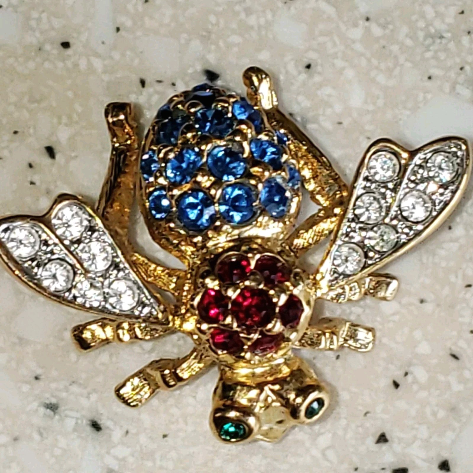Patriotic Bumble Bee Brooch Red White Blue Crystals JOAN RIVERS Costume Jewelry