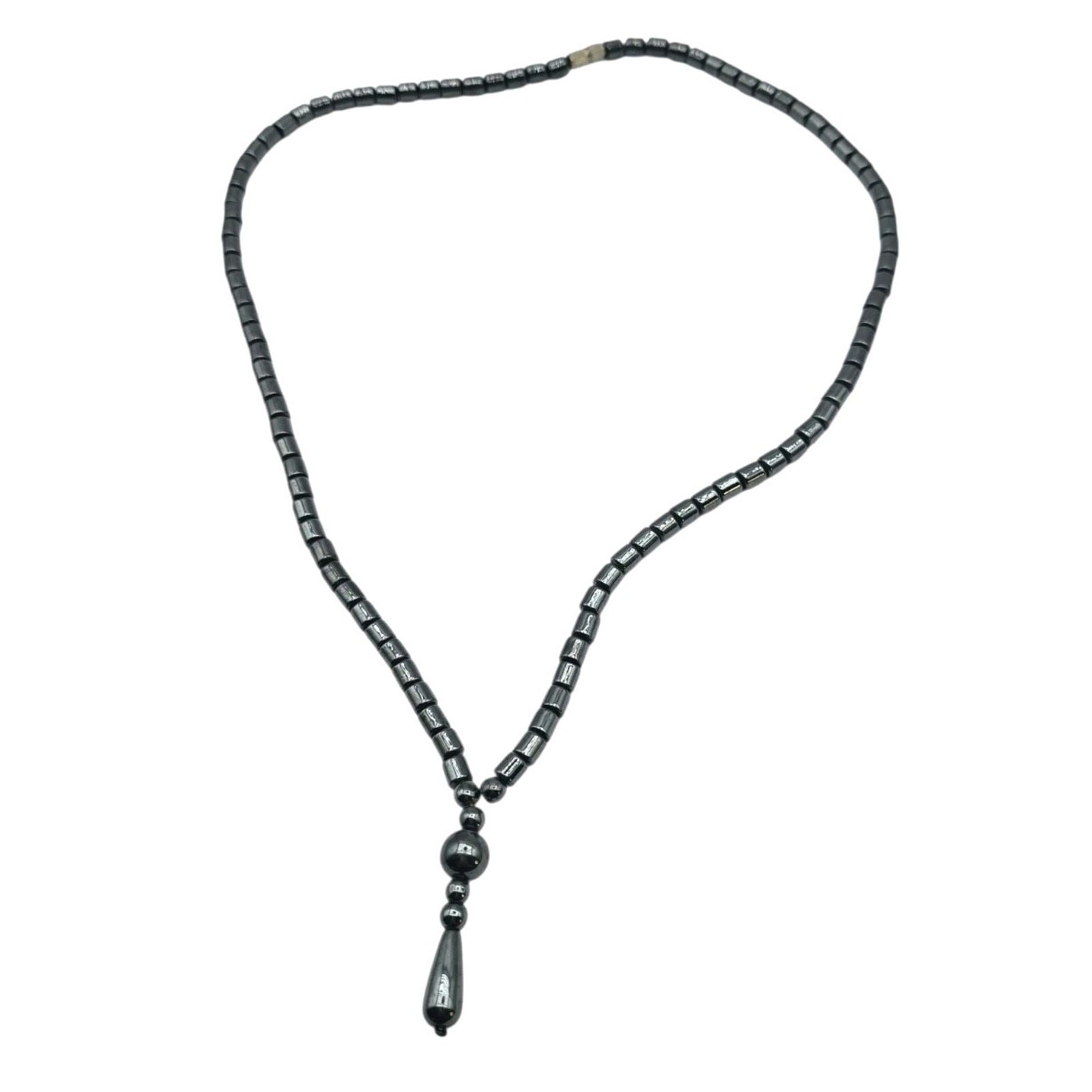 Vintage Necklace Hematite Y Drop Gunmetal Gray Black Color Tone 18″ SKU 3469