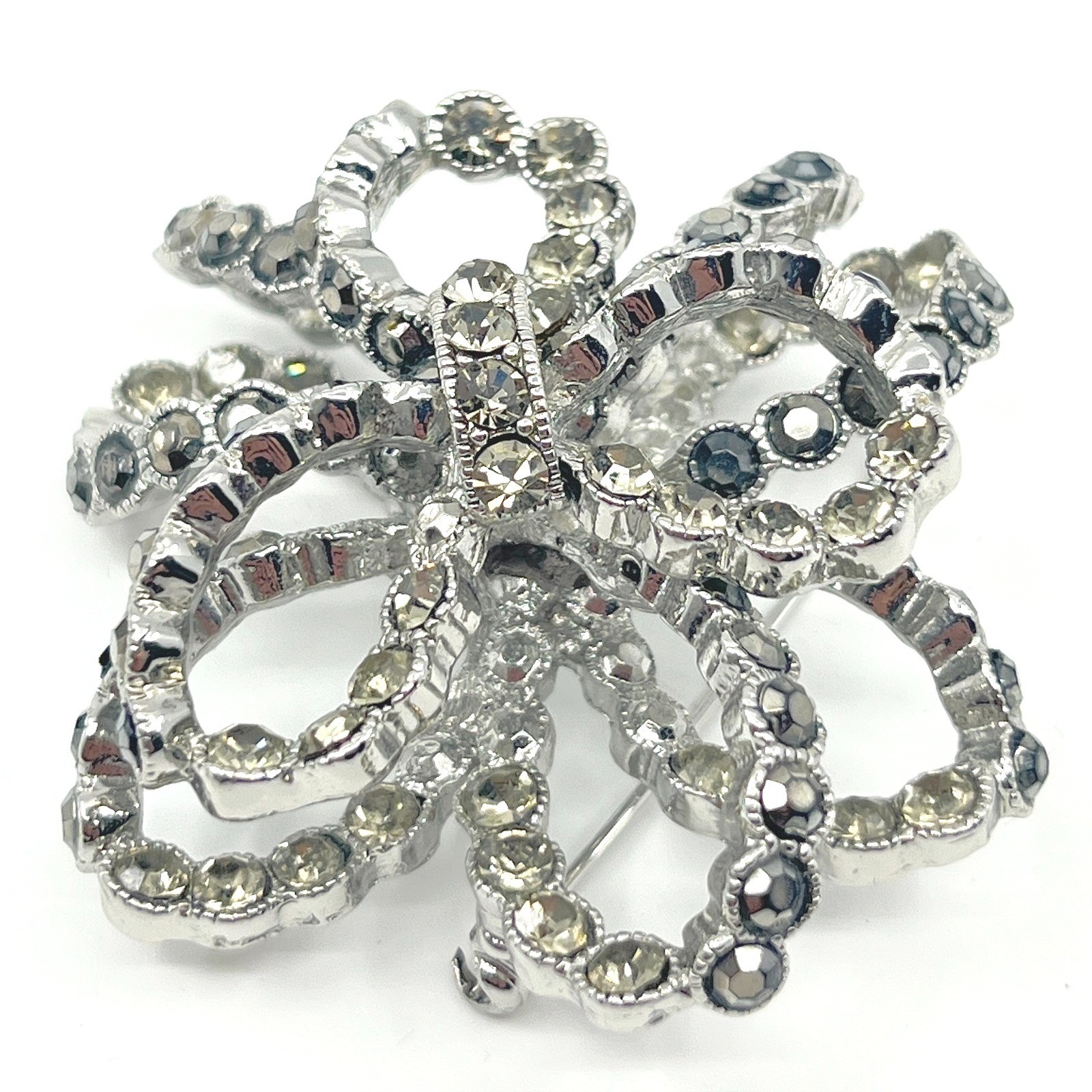 Brooch Vintage Silver Tone Layered Bow Smoky Rhinestone Statement Pin Accessory