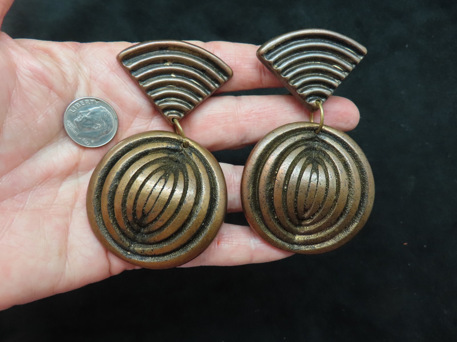 Vintage Designer Jeff Lieb Oversize Antique Bronze Clip Earrings