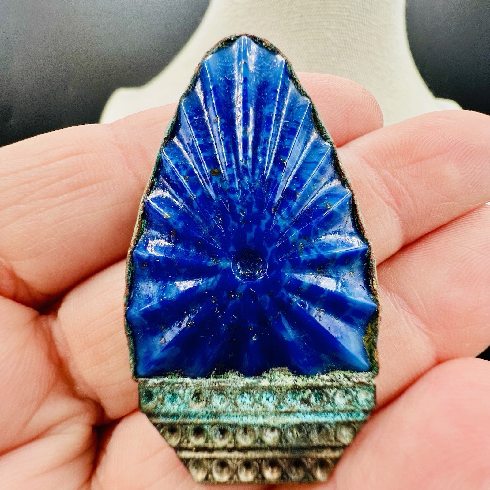 Cobalt Blue Statement Pendant Necklace Set Peacock Brooch Earrings Art Deco Look